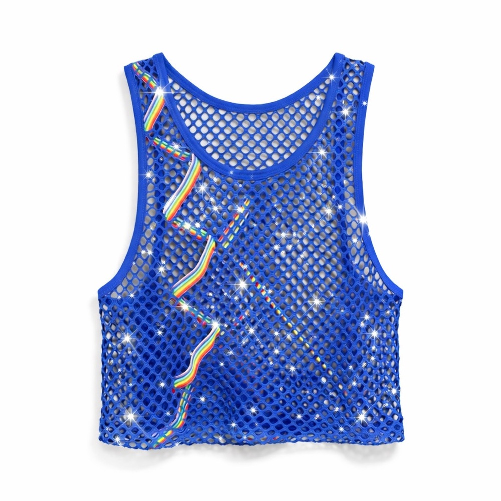 One of a kind Blue Mesh Cropped Tank with Rainbow Trim Rhinestones unisex